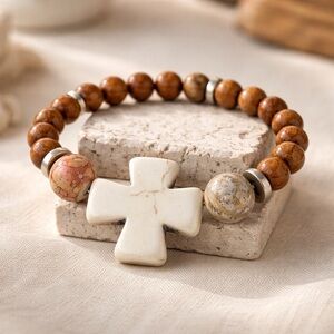 Beaded Cross Stretch Bracelet in Warm Brown and Cream